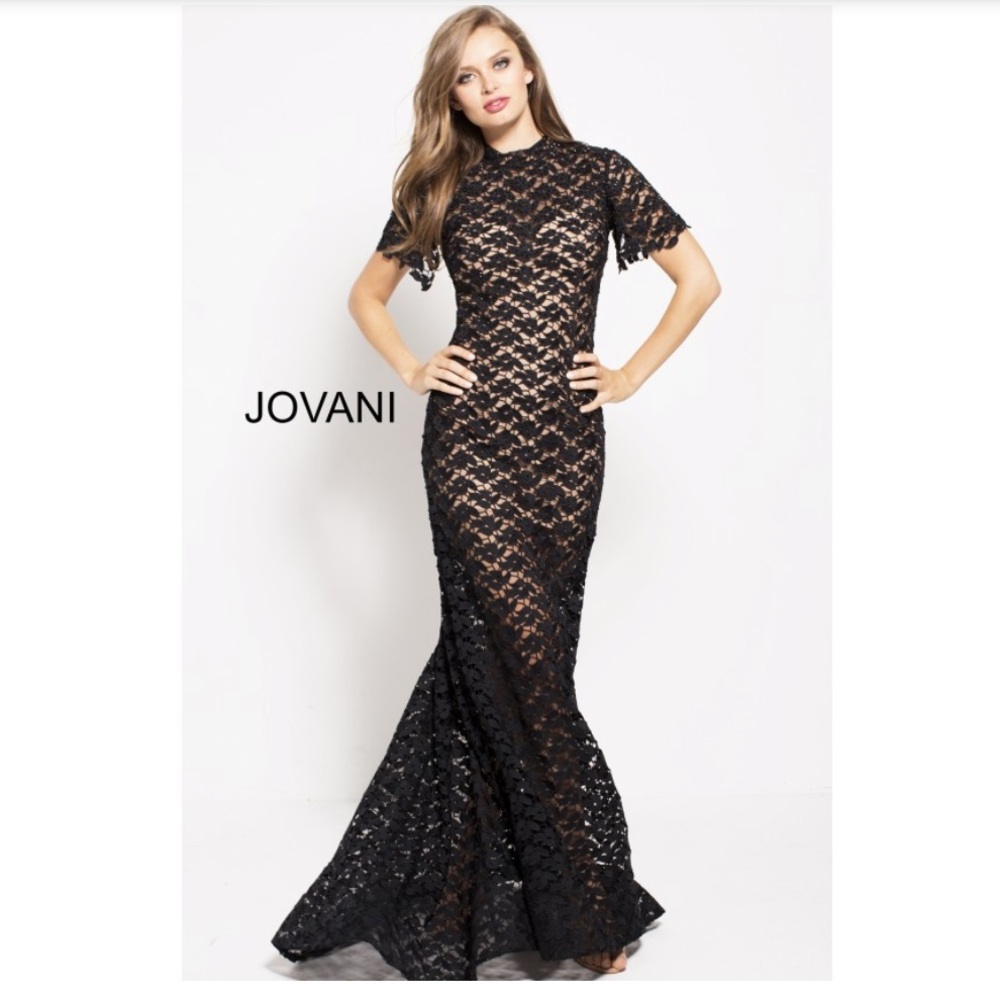 Jovani 55710 High Neck Short Sleeve Lace Gown